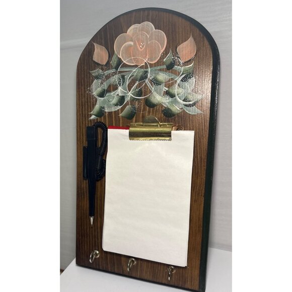 Wooden Wall Mounted Notepad Organizer Floral Design Pen Key Holder 12.5 x 7" - Picture 3 of 8